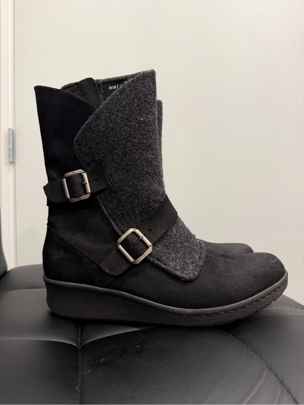 Born Black Suede & Gray Wool Buckle Wedge Ankle Boots